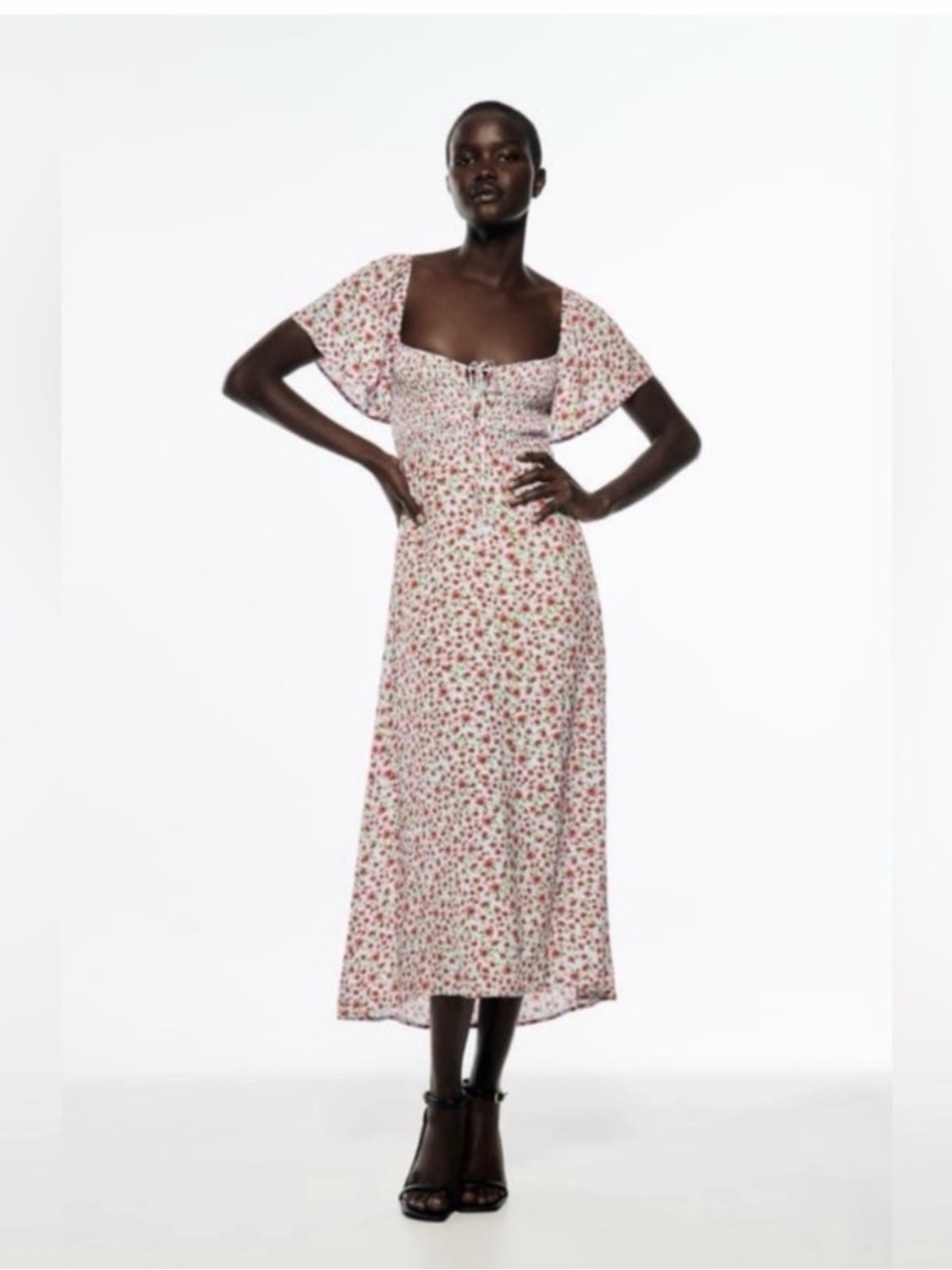 Zara Pink Floral Tie-Front Square-Neck Midi Dress
